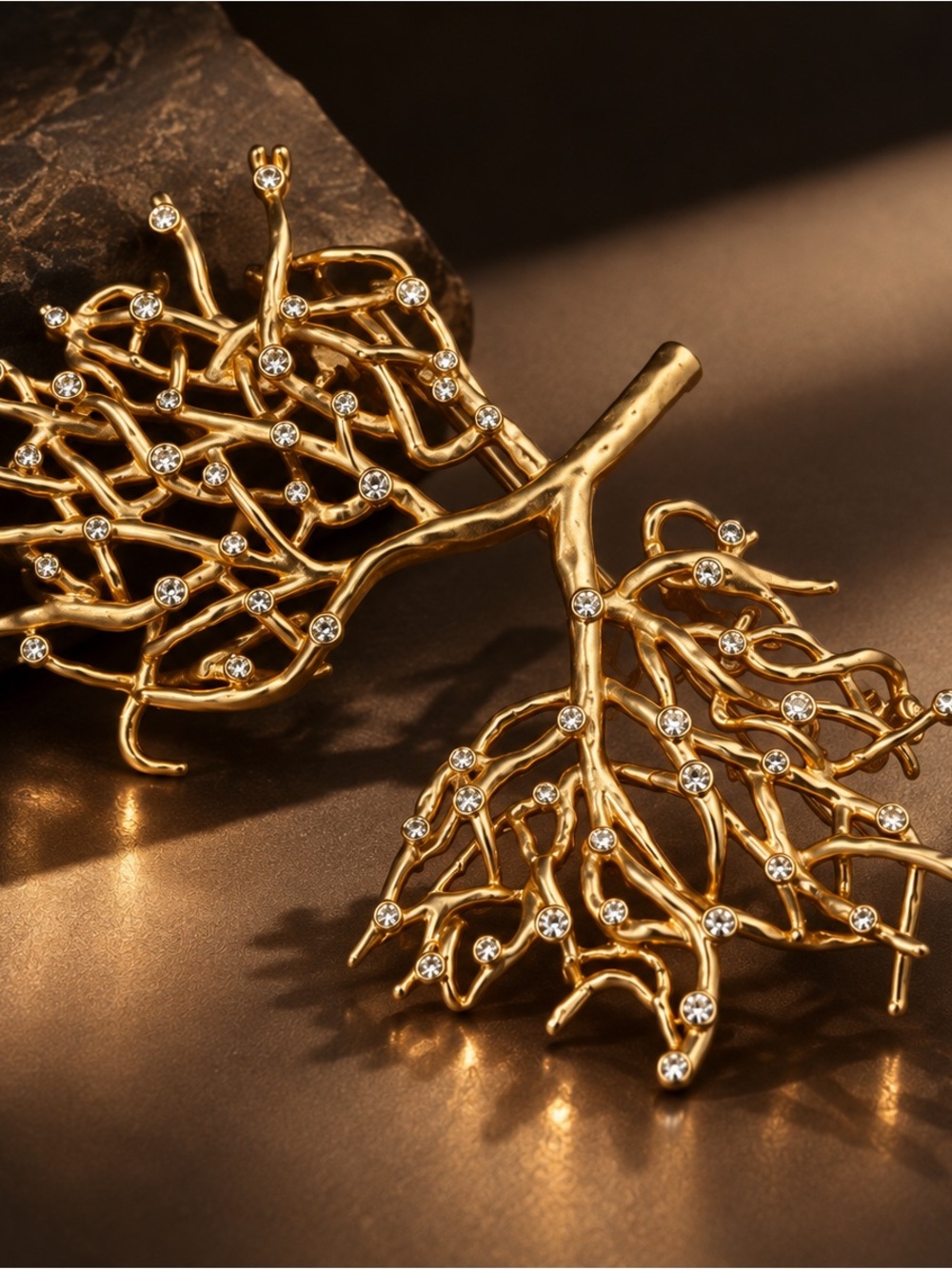 Gold Tree Branch Crystal Brooch Statement Pin Schiaparelli Style Jewelry